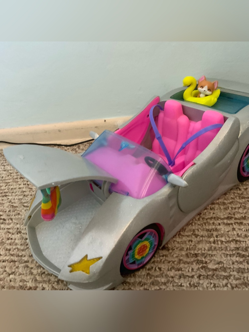 Barbie Extra Sparkly Convertibler Toy Car with Rainbow Wheels